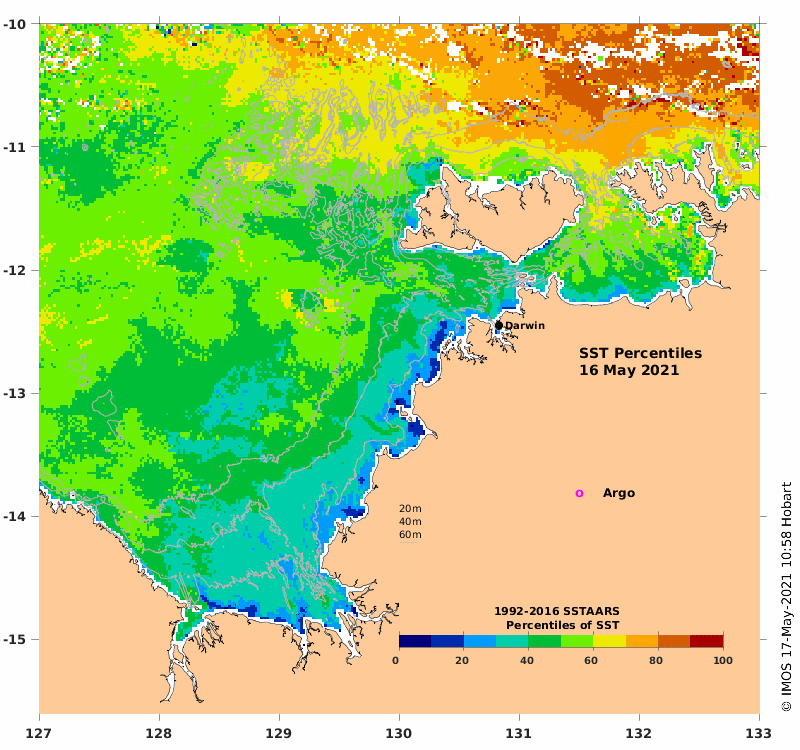 SST percentiles on the 17 May 2021 in the Joseph Bonaparte Gulf and Tiwi Islands, one of the new regions added to OceanCurrent 6-d SST product